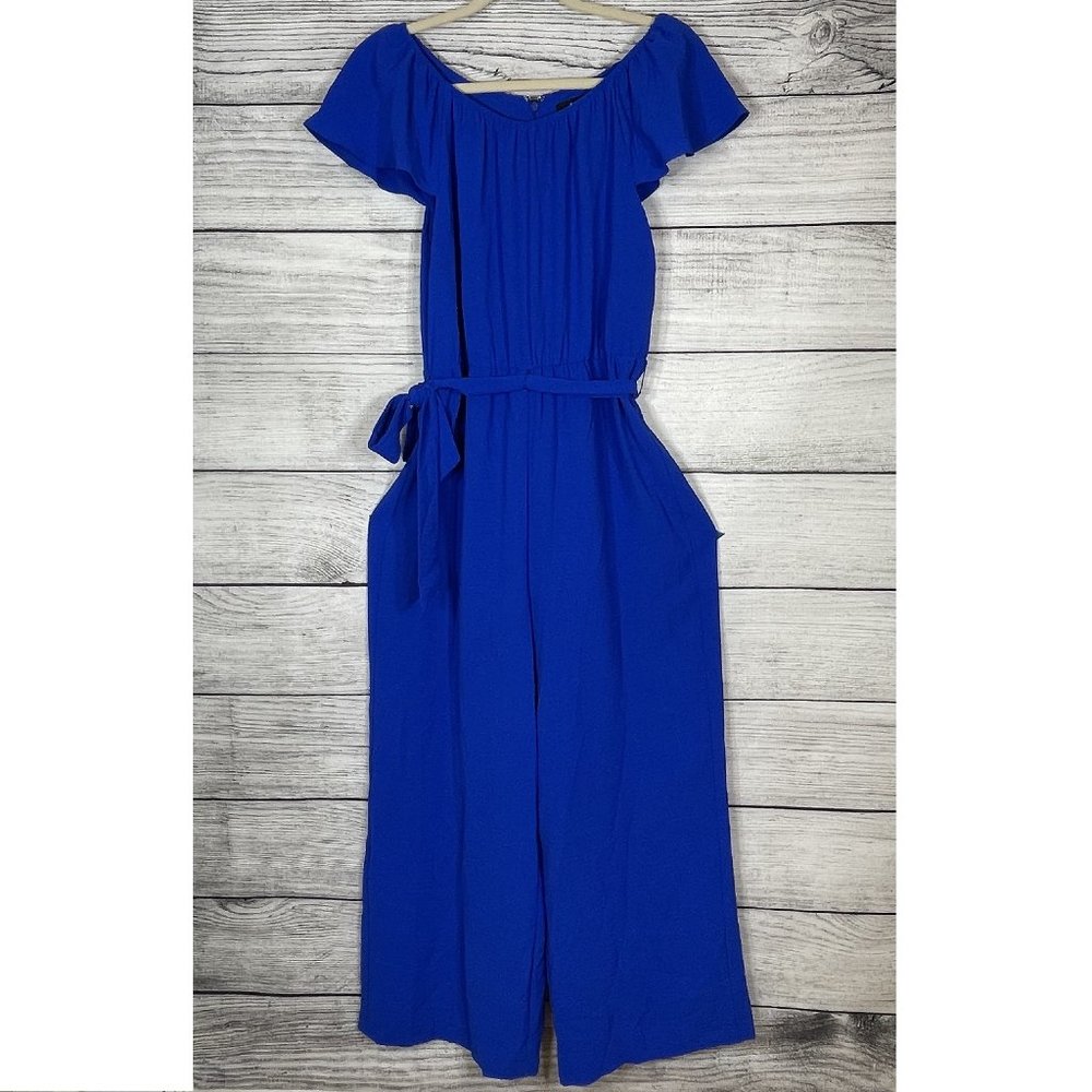 DKNY Jersey Boatneck Cobalt Cropped Jumpsuit Flutter Sleeves NWOT Size 6